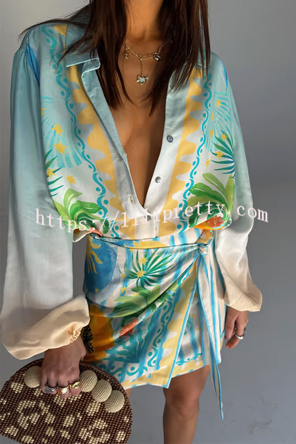 See You in Rio Tropical Fruits Print Button Long Sleeve Loose Blouse