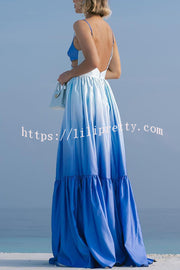 Lilipretty® Ocean Breeze Gradient Color Print Cutout Waist Tiered Maxi Dress