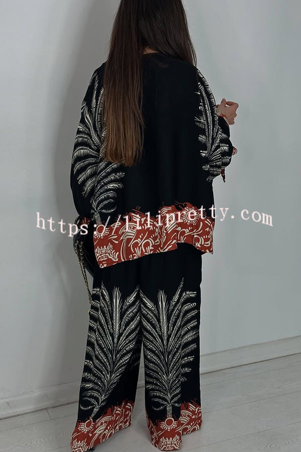 Unique Print Loose Drawstring Long Sleeve Top and Elastic Waist Casual Pocket Wide Leg Pants Set