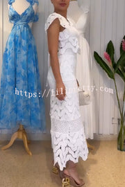 Elouise Wave Dot Embroidery Lace Back Tie-up Top and Elastic Waist Maxi Skirt Set