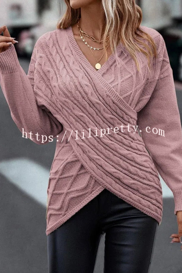Lilipretty Solid Color V Neck Cross Jacquard Long Sleeved Sweater