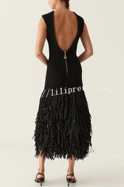 Christie Ribbed Patchwork Tiered Fringed Hem Zipper Backless Maxi Dress