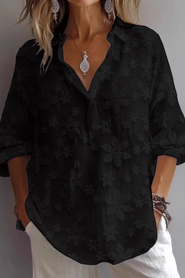Solid Color Jacquard Casual V-neck Loose Shirt