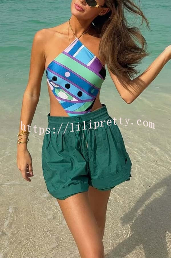 Lorian Unique Print Chain Halter Neck Cutout Waist Stretch One-piece Swimsuit