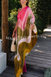 Lilipretty® Summertime Favorites Satin Tie Dye Print One Shoulder Drape Vacation Maxi Dress