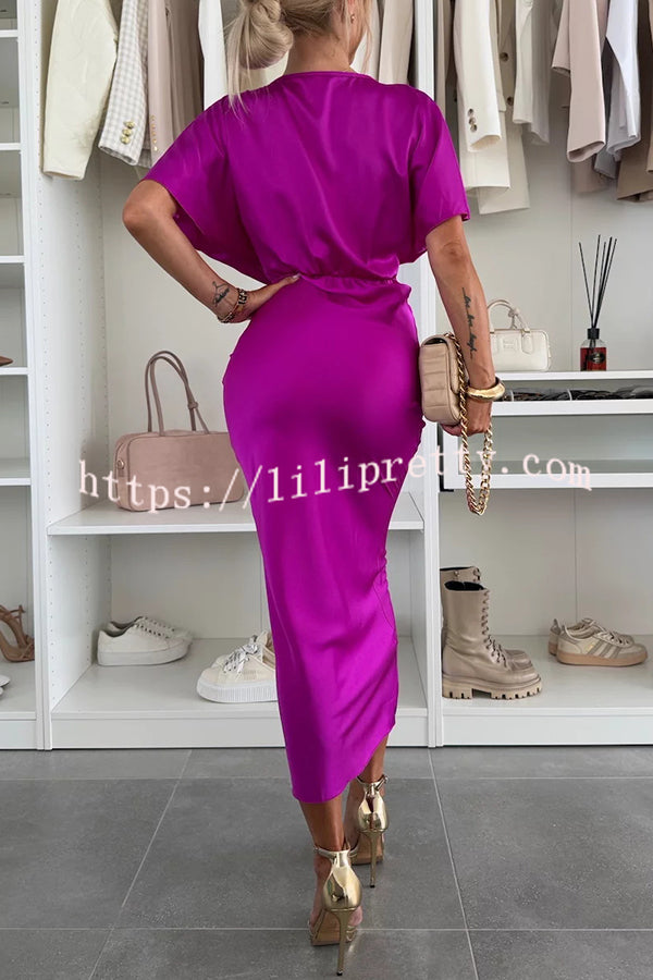 Satin Solid Color V-neck Cross Knot Slim Maxi Dress