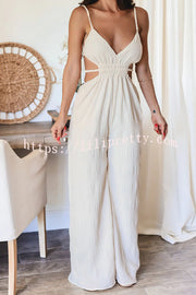 Summer Vacay Style Crinkle Fabric Cut Out Elastic Waist Pocket Backless Jumpsuit