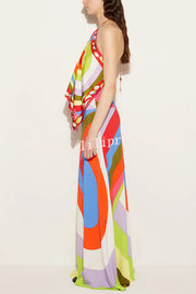 Artistic Girl Satin Unique Print Metal Chain Halter Draped Scarf Tank