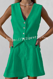 Lilipretty V Neck Sleeveless Single Breasted Top Side Pocket Shorts Set