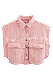 Stylish Weekend Denim Button Up Cape Sleeve Pocket Crop Top