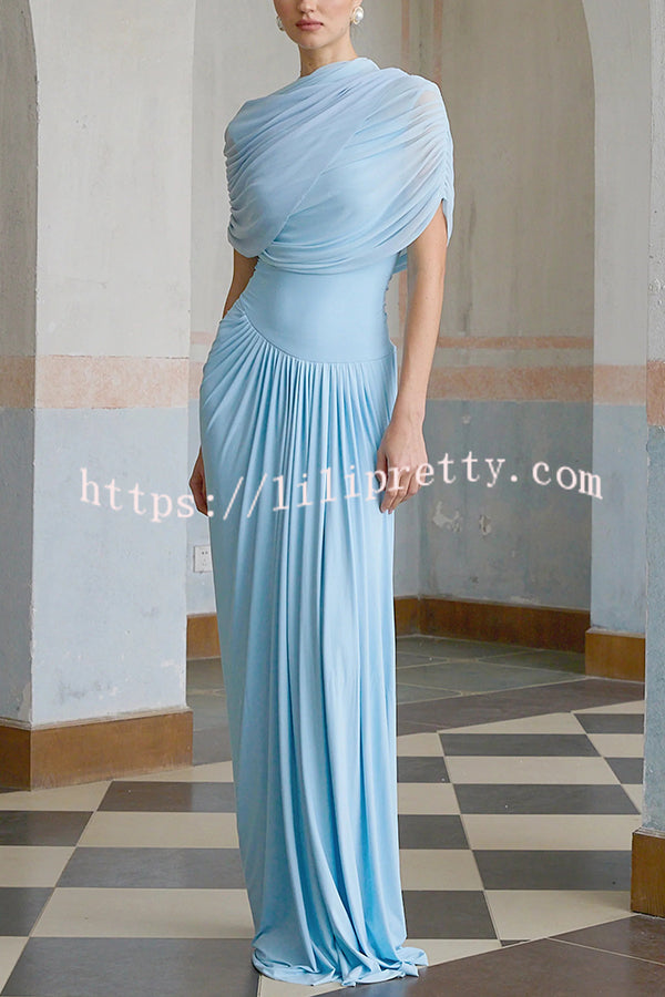 Elegant Mesh Cape-style Pleated Draped Maxi Dress
