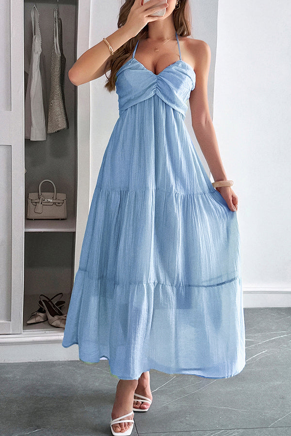Solid Color Halterneck Tie Casual Holiday Style Maxi Dress