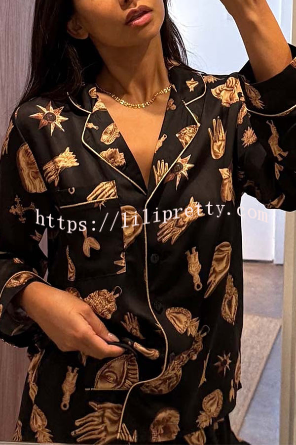 Golden Night Unique Print Color-block Trim Loose Shirt and Elastic Waist Pocketed Pajama Set