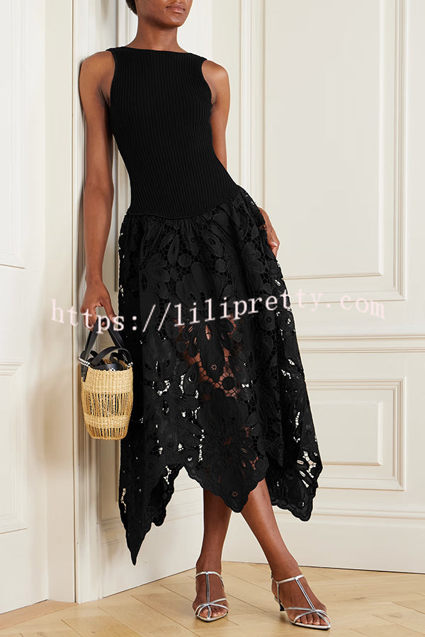 Atlas Asymmetric Ribbed-knit and Guipure Lace Back Zipper Midi Dress