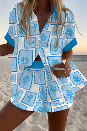 Conch Print Loose Button Elastic Waist Shorts Set