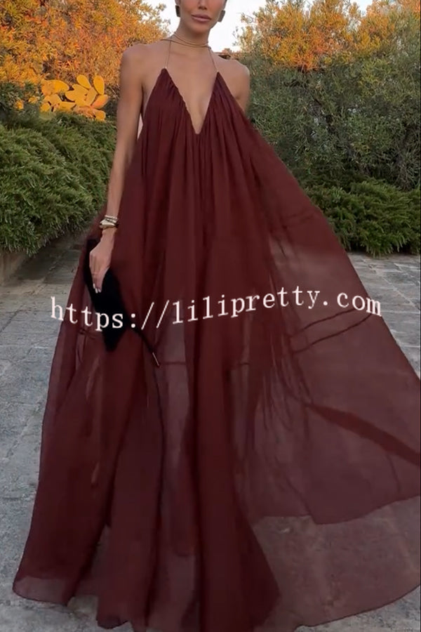 Flowing Lightweight Chiffon Chain Halter Neck Detail Backless A-line Maxi Dress