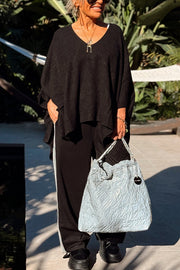 Fashion V-neck Loose Pocket Mid-length Knitted Poncho Sweater