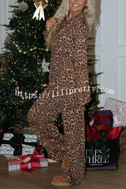 Paige Ribbed Leopard Print Loose Shirt and Elastic Waist Pocketed Pajama Set
