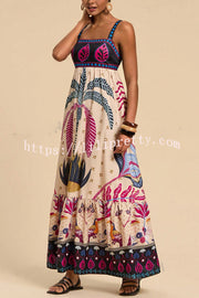 Bohemian Tropical Print Backless Casual Resort Maxi Dress