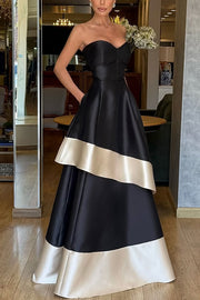 Vivian Satin Contrast Color Sweetheart Bandeau Neck Pocket Layered Maxi Dress