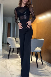 Seleia Tulle Sequin Patchwork Long Sleeve Wide Leg Stretch Jumpsuit