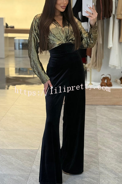 Caitlin Metallic Velvet Patchwork Long Batwing Sleeve Pocket Wide Leg Jumpsuit