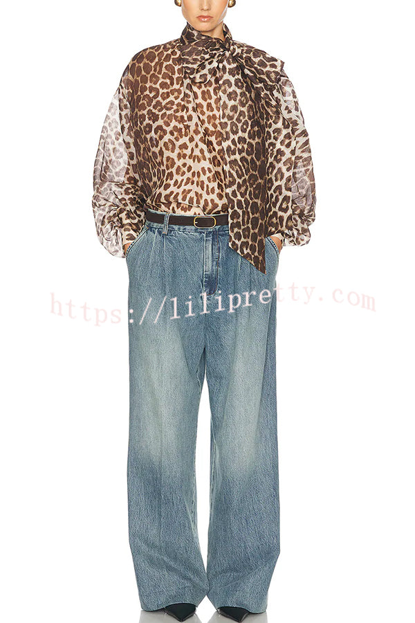 Arianne Chiffon Leopard Print Bow Neck Long Balloon Sleeve Loose Blouse