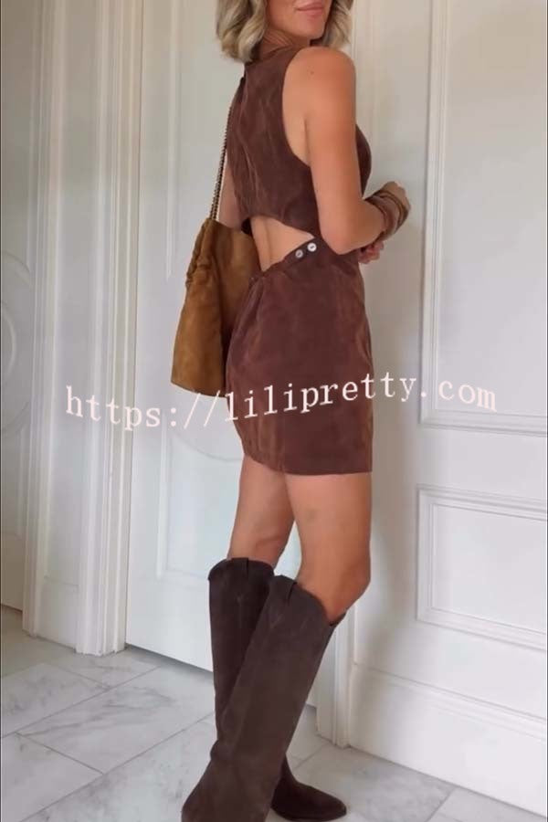 Atlas Faux Suede Open Back Button Accents Zipper Mini Dress