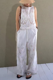 Linen Blend Solid Color Embroidered Hollow Loose Vest and Elastic Waist Casual Pocket Wide Leg Pants Set