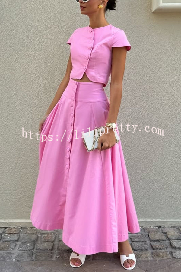 Solid Color Round Neck Button Crop Top and Elegant High Waist Slit Maxi Skirt Set