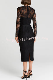 Mylene Lace Corset Cut Sweetheart Tie-up Neck Sheer Long Sleeve Slit Midi Dress
