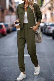 Solid Color Lapel Long Sleeve Jacket and Elastic Waist Casual Pocket Pants Set