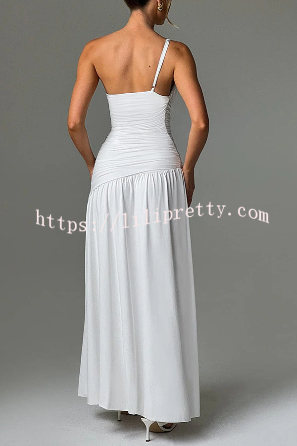 Sexy One-shoulder Strap Gathered Slim Fit Slit Maxi Dress