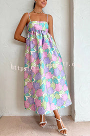 Lilipretty Garden Goddess Floral Printed Back Bow Design A-line Midi Dress