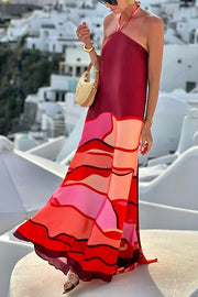 Vacay Happy Hour Printed Halter Backless A-line Maxi Dress
