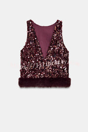 Gala Goddess Sequin Faux Fur Trim Crew Neck Sleeveless Loose Top