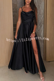Solid Color Suspender Back Pleated Elegant Slit Full Hem Maxi Dress