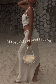 Mirina Hollow Crochet Knit Pearl Trim Heart Collar Crop Vacation Tank