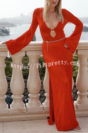 Seaside Goddess Crochet Knit Hollow Out Golden Ring Long Sleeve Cover-up Maxi Dress