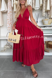 Bohemian Style V-neck Backless Slip Layered Vacation Maxi Dress