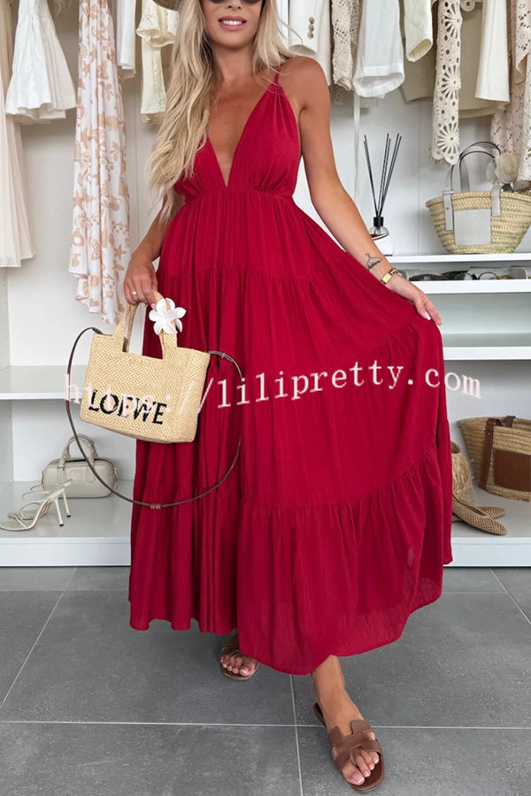 Bohemian Style V-neck Backless Slip Layered Vacation Maxi Dress