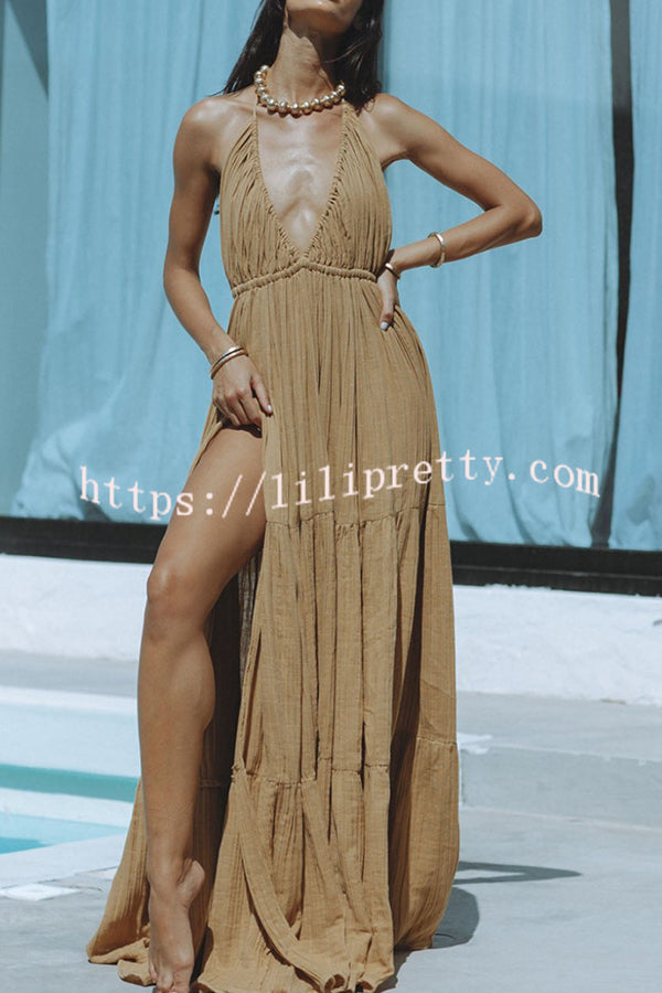 Lilipretty® Laelia Linen Blend Halter Backless Slit Cover Up Maxi Dress