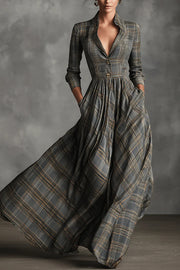 Retro Plaid Print Long-sleeved Shirt Style Casual Maxi Dress