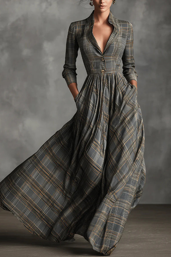 Retro Plaid Print Long-sleeved Shirt Style Casual Maxi Dress