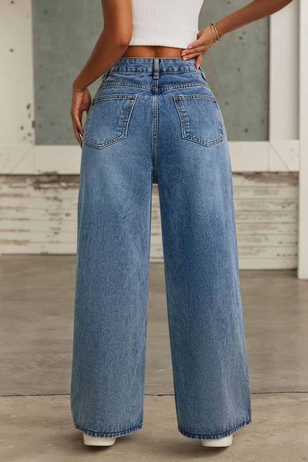 Fashion Rhinestone Embellished High Waist Tie Casual Pocket Wide Leg Jeans