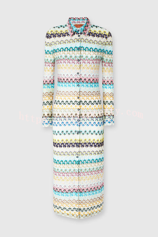 Anna Knit Colorful Herringbone Print Shirt Neck Button Long Sleeve Slim-fit Long Cardigan