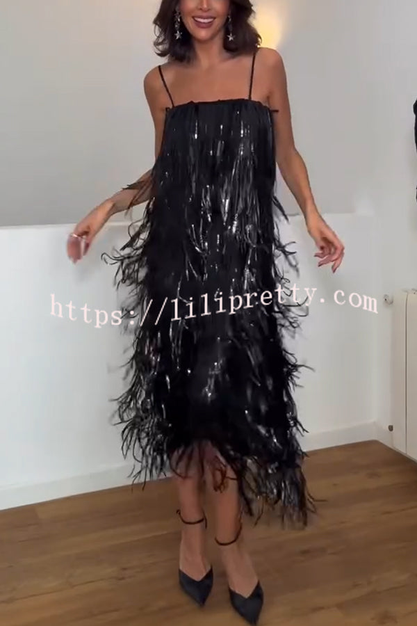 Chic Celebration Layered Sequined Tassels Slip Strapless H-line Midi Dress