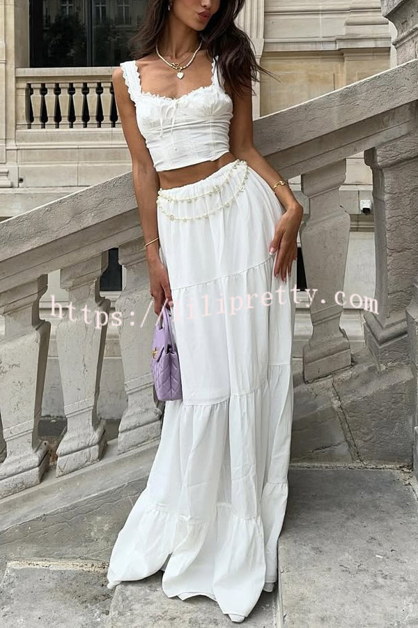 Fashionable Suspender Slim-fit Top and Elastic Waist Stitching Elegant Maxi Skirt Set