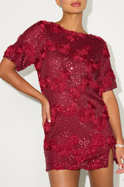 Feeling Exquisite Sequin-embellished Rose Texture Short Sleeve H-line Mini Dress