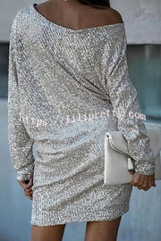 Solid Sequined Off-shoulder Loose Mini Dress